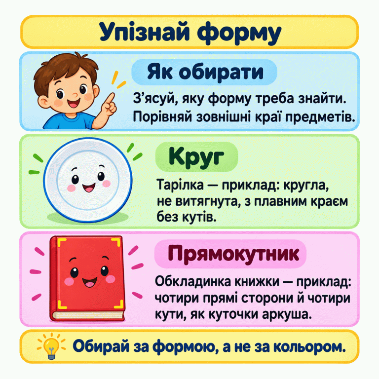 Навчальна картка про круг і прямокутник у предметах. Тарілка показує круглий, не витягнутий край без кутів. Обкладинка книжки показує чотири прямі сторони й чотири кути, як куточки аркуша. Пояснення радить порівнювати зовнішні краї та обирати форму, названу в завданні, а не орієнтуватися на колір. Упізнай форму Як обирати: З’ясуй, яку форму треба знайти. Порівняй зовнішні краї предметів. Круг: Тарілка — приклад: кругла, не витягнута, з плавним краєм без кутів. Прямокутник: Обкладинка книжки — приклад: чотири прямі сторони й чотири кути, як куточки аркуша. Обирай за формою, а не за кольором.