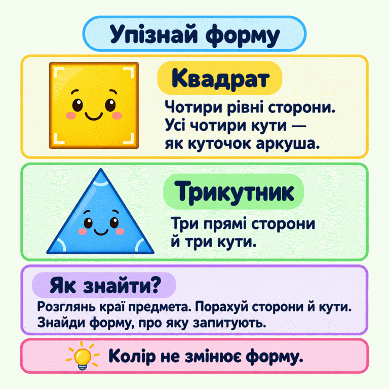 Навчальна картка з усміхненими квадратом і трикутником. У квадрата чотири рівні сторони та чотири кути, як куточок аркуша. У трикутника три прямі сторони й три кути. Підказка: розглянь краї предмета, порахуй сторони й кути та знайди форму, про яку запитують. Колір не змінює форму. Упізнай форму Квадрат: Чотири рівні сторони. Усі чотири кути — як куточок аркуша. Трикутник: Три прямі сторони й три кути. Як знайти?: Розглянь краї предмета. Порахуй сторони й кути. Знайди форму, про яку запитують. Колір не змінює форму.