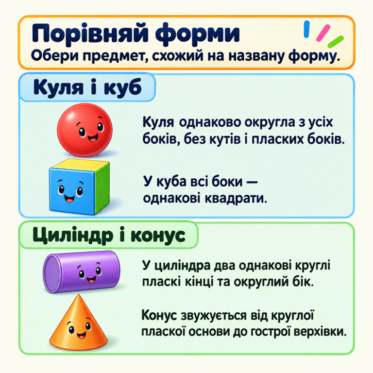 Картка показує чотири об’ємні форми: кулю без кутів і пласких боків, куб із квадратними боками, циліндр із двома круглими пласкими кінцями та конус із круглою основою й гострою верхівкою. Біля кожної форми є коротке пояснення. Інструкція радить обрати предмет, схожий на названу форму. Порівняй форми: Обери предмет, схожий на названу форму. Куля і куб: Куля однаково округла з усіх боків, без кутів і пласких боків.
У куба всі боки — однакові квадрати. Циліндр і конус: У циліндра два однакові круглі пласкі кінці та округлий бік.
Конус звужується від круглої пласкої основи до гострої верхівки.