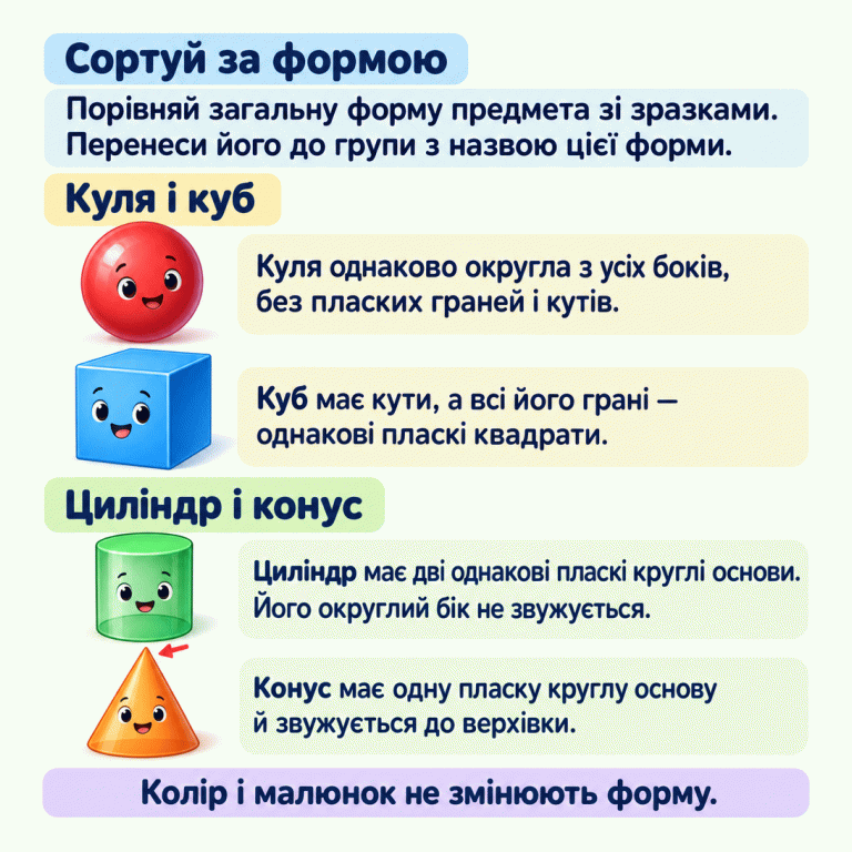 Чотири об’ємні форми. Куля однаково округла з усіх боків, без пласких граней і кутів. У куба всі грані — однакові пласкі квадрати; є прямі ребра й кути. Циліндр має дві однакові пласкі круглі основи, а його округлий бік не звужується. Конус має одну пласку круглу основу й звужується до верхівки. Порівняй загальну форму предмета зі зразками й перенеси його до групи з назвою цієї форми. Колір і малюнок не змінюють форму. Сортуй за формою: Порівняй загальну форму предмета зі зразками. Перенеси його до групи з назвою цієї форми. Куля і куб: Куля однаково округла з усіх боків, без пласких граней і кутів. Куб має кути, а всі його грані — однакові пласкі квадрати. Циліндр і конус: Циліндр має дві однакові пласкі круглі основи. Його округлий бік не звужується. Конус має одну пласку круглу основу й звужується до верхівки. Колір і малюнок не змінюють форму.
