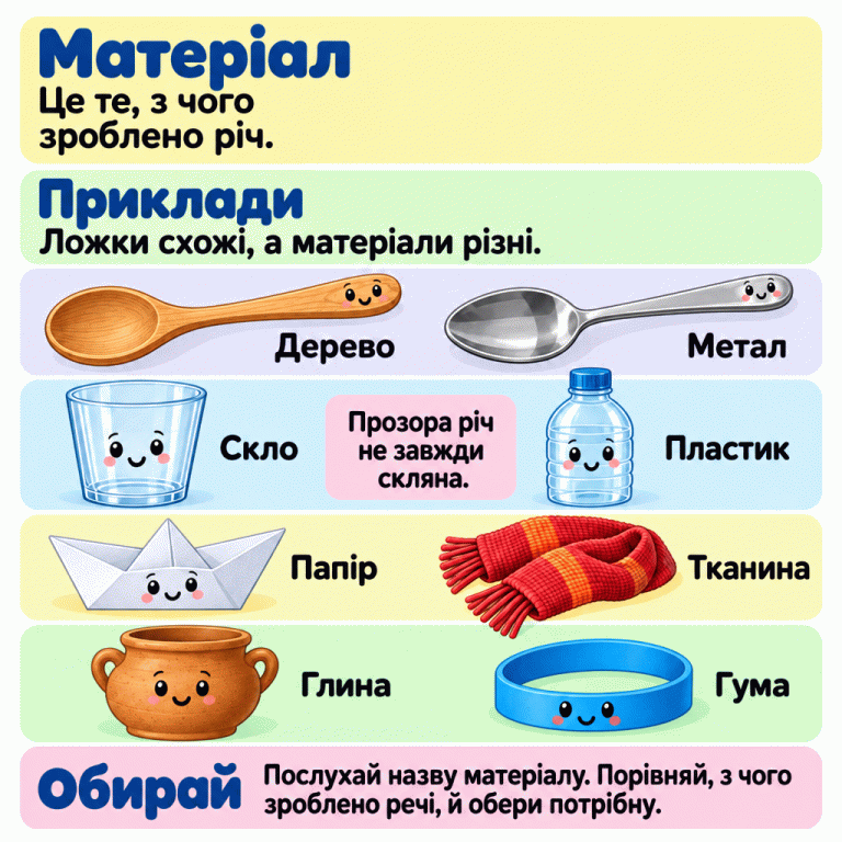 Матеріал — це те, з чого зроблено річ. Показано навчальні приклади: дерев’яну й металеву ложки, скляну склянку, пластикову пляшку, паперовий човник, тканинний шарф, глиняний горщик і гумове кільце. Ложки схожі, але їхні матеріали різні. Склянка й пластикова пляшка прозорі: прозора річ не завжди скляна. Послухай назву матеріалу, порівняй, з чого зроблено речі, й обери потрібну. Матеріал: Це те, з чого зроблено річ. Приклади: Ложки схожі, а матеріали різні. Обирай: Послухай назву матеріалу. Порівняй, з чого зроблено речі, й обери потрібну. Прозора річ не завжди скляна. Дерево Метал Скло Пластик Папір Тканина Глина Гума