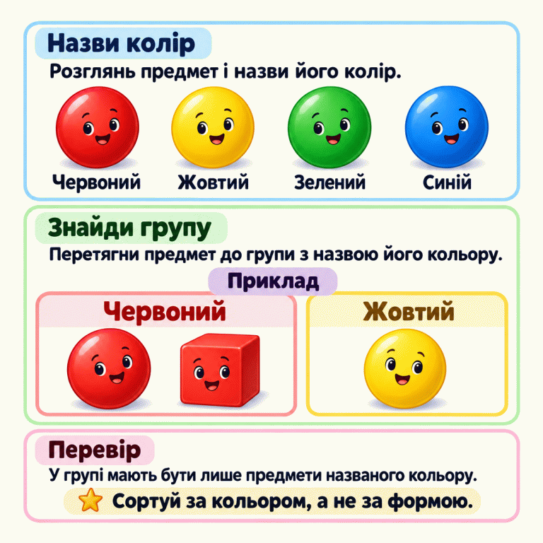Картка пояснює, як сортувати предмети за кольором. Показані зразки з назвами: червоний, жовтий, зелений і синій. У навчальному прикладі червоний м’яч і червоний кубик разом у групі «Червоний», а жовтий м’яч — у групі «Жовтий». Потрібно назвати колір предмета, перетягнути його до групи з відповідною назвою та перевірити всі предмети. Важливий колір, а не форма. Назви колір: Розглянь предмет і назви його колір. Знайди групу: Перетягни предмет до групи з назвою його кольору. Перевір: У групі мають бути лише предмети названого кольору. Сортуй за кольором, а не за формою. Червоний Жовтий Зелений Синій Приклад
