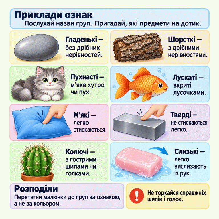 Навчальні приклади властивостей на дотик: гладенький камінчик і шорстка кора; пухнастий кіт і рибка з лусочками; м’яка подушечка, що вминається від легкого натиску, і твердий металевий брусок без вм’ятини; кактус із гострими колючками та мокре мило, яке легко вислизає. Порада: розподіляй малюнки за ознакою з назв груп, а не за кольором. Справжніх шипів і голок не торкайся. Приклади ознак: Послухай назви груп. Пригадай, які предмети на дотик. Розподіли: Перетягни малюнки до груп за ознакою, а не за кольором. Не торкайся справжніх шипів і голок. Гладенькі — без дрібних нерівностей. Шорсткі — з дрібними нерівностями. Пухнасті — м’яке хутро чи пух. Лускаті — вкриті лусочками. М’які — легко стискаються. Тверді — не стискаються легко. Колючі — з гострими шипами чи голками. Слизькі — легко вислизають із рук. !