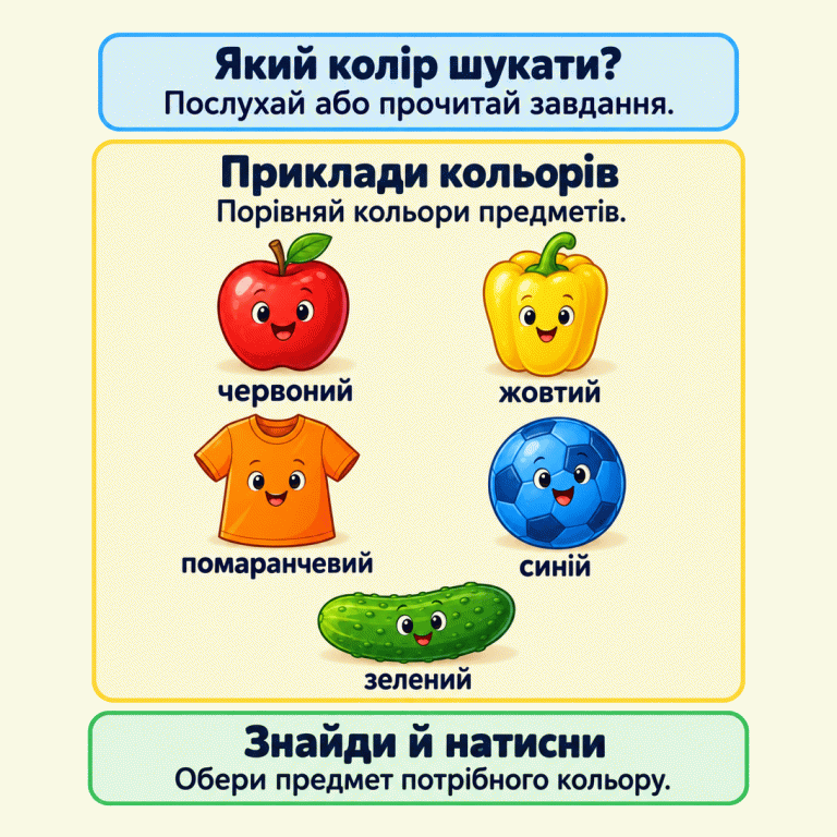Картка пояснює: послухай або прочитай завдання, порівняй кольори предметів і натисни на предмет потрібного кольору. Показано підписані приклади: червоне яблуко, жовтий перець, помаранчева футболка, синій м’яч і зелений огірок. Жоден приклад не позначено як завжди правильний. Який колір шукати?: Послухай або прочитай завдання. Приклади кольорів: Порівняй кольори предметів. Знайди й натисни: Обери предмет потрібного кольору. червоний жовтий помаранчевий синій зелений
