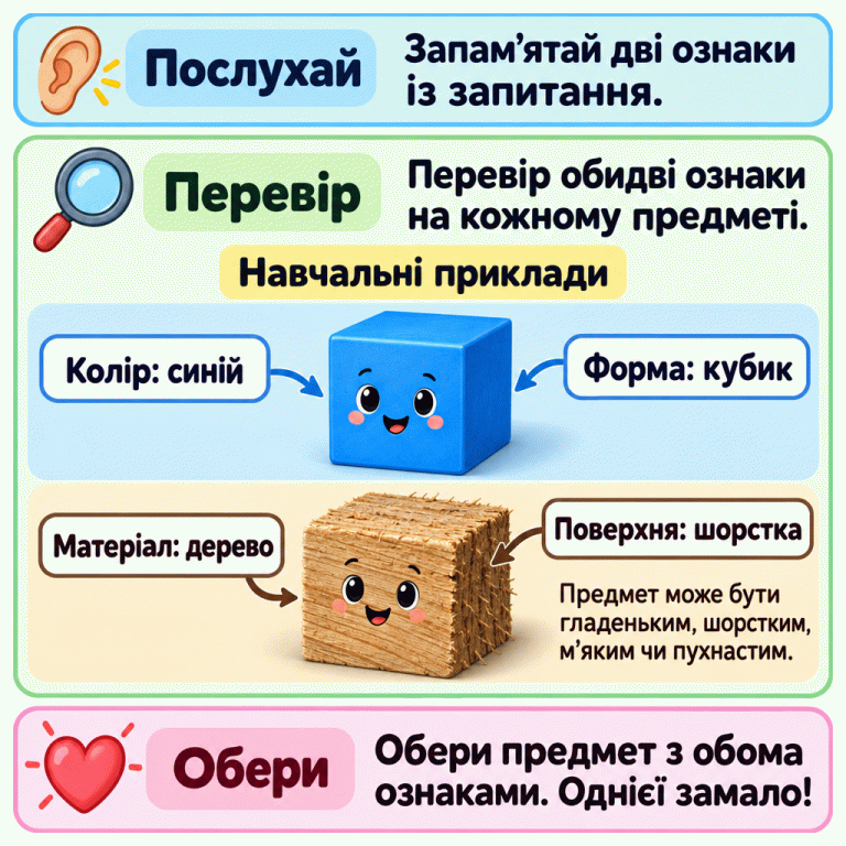 Запам’ятай дві ознаки із запитання, перевір їх на кожному предметі й обери той, що має обидві. Показано два навчальні приклади: синій кубик із підписами кольору та форми і шматок деревини з підписами матеріалу та шорсткої поверхні. Нагадування пояснює, що предмет також може бути гладеньким, шорстким, м’яким чи пухнастим. Однієї потрібної ознаки замало. Послухай: Запам’ятай дві ознаки із запитання. Перевір: Перевір обидві ознаки на кожному предметі. Обери: Обери предмет з обома ознаками. Однієї замало! Предмет може бути гладеньким, шорстким, м’яким чи пухнастим. Навчальні приклади Колір: синій Форма: кубик Матеріал: дерево Поверхня: шорстка