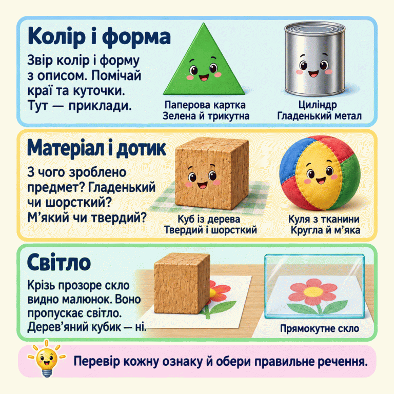 Картка пояснює, як звіряти опис із предметом. Навчальні приклади: зелена трикутна паперова картка, гладенька металева банка-циліндр, твердий шорсткий кубик із дерева, круглий м’який тканинний м’яч-куля та прозоре прямокутне скло. Крізь скло видно малюнок; кубик приховує затулену частину малюнка на своєму тлі. Треба перевірити кожну названу ознаку й обрати правильне речення. Колір і форма: Звір колір і форму з описом. Помічай краї та куточки. Тут — приклади. Матеріал і дотик: З чого зроблено предмет? Гладенький чи шорсткий? М’який чи твердий? Світло: Крізь прозоре скло видно малюнок. Воно пропускає світло. Дерев’яний кубик — ні. Перевір кожну ознаку й обери правильне речення. Паперова картка
Зелена й трикутна Циліндр
Гладенький метал Куб із дерева
Твердий і шорсткий Куля з тканини
Кругла й м’яка Прямокутне скло