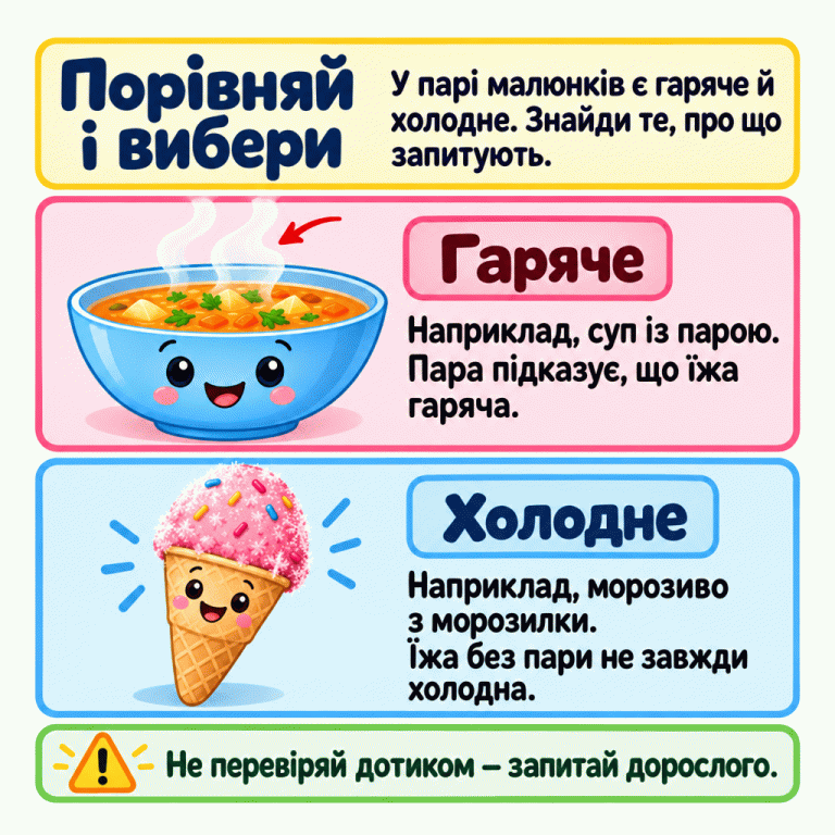 Навчальні приклади: гарячий суп із парою та холодне морозиво з морозилки. Порівняй малюнки й знайди те, про що запитують. Пара підказує, що їжа гаряча, але їжа без пари не завжди холодна. Не перевіряй дотиком — запитай дорослого. Порівняй і вибери: У парі малюнків є гаряче й холодне. Знайди те, про що запитують. Гаряче: Наприклад, суп із парою. Пара підказує, що їжа гаряча. Холодне: Наприклад, морозиво з морозилки. Їжа без пари не завжди холодна. Не перевіряй дотиком — запитай дорослого. !
