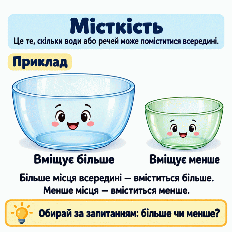 Місткість — це скільки води або речей може поміститися всередині. У навчальному прикладі дві відкриті порожні посудини. Біля посудини з ширшим і глибшим внутрішнім простором напис «Вміщує більше», біля другої — «Вміщує менше». Більше місця всередині вміщує більше, менше місця — менше. Обирати потрібно відповідно до запитання. Місткість: Це те, скільки води або речей може поміститися всередині. Приклад: Більше місця всередині — вміститься більше. Менше місця — вміститься менше. Обирай за запитанням: більше чи менше? Вміщує більше Вміщує менше