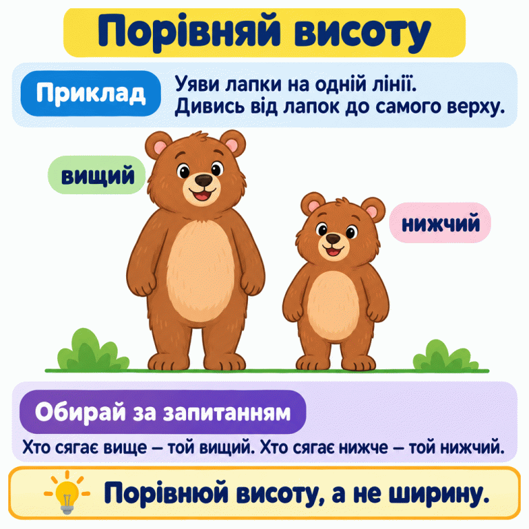 Навчальний приклад: два ведмедики стоять лапками на одному рівні. Один сягає вище й підписаний «вищий», другий — нижче й підписаний «нижчий». Пояснення радить порівнювати висоту від лапок до самого верху та обирати за запитанням, а не за шириною. Порівняй висоту Приклад: Уяви лапки на одній лінії. Дивись від лапок до самого верху. Обирай за запитанням: Хто сягає вище — той вищий. Хто сягає нижче — той нижчий. Порівнюй висоту, а не ширину. вищий нижчий