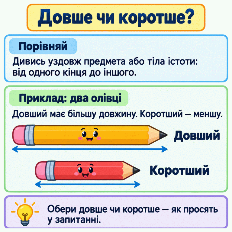 Картка пояснює, як порівнювати предмети або тіла істот уздовж, від одного кінця до іншого. У навчальному прикладі два олівці різної довжини: один підписаний «Довший», інший — «Коротший». Стрілки показують довжину кожного. Нагадування радить обрати довше чи коротше відповідно до запитання. Довше чи коротше? Порівняй: Дивись уздовж предмета або тіла істоти: від одного кінця до іншого. Приклад: два олівці: Довший має більшу довжину. Коротший — меншу. Обери довше чи коротше — як просять у запитанні. Довший Коротший