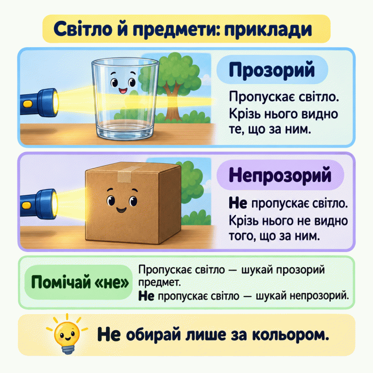 Два навчальні приклади: світло ліхтарика проходить крізь прозору склянку, і крізь її матеріал видно фоновий малюнок. Непрозора коробка не пропускає світло й приховує перекриту нею частину малюнка. Якщо питають, що пропускає світло, треба шукати прозорий предмет; якщо не пропускає — непрозорий. Не слід обирати лише за кольором. Світло й предмети: приклади Прозорий: Пропускає світло. Крізь нього видно те, що за ним. Непрозорий: Не пропускає світло. Крізь нього не видно того, що за ним. Помічай «не»: Пропускає світло — шукай прозорий предмет. Не пропускає світло — шукай непрозорий. Не обирай лише за кольором.
