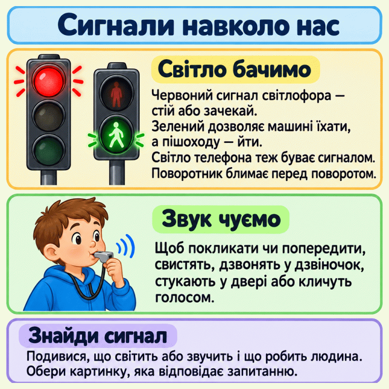 Світлові сигнали бачимо. У навчальних прикладах світиться червоний вогонь світлофора для машин і зелений силует пішохода. Червоний означає «стій або зачекай», зелений дозволяє рух за відповідним світлофором. Світло телефона теж може бути сигналом, а поворотник блимає перед поворотом. Звукові сигнали чуємо: людина дме у свисток. Дзвіночком, стуком у двері чи голосом теж кличуть або попереджають. Знайди потрібний сигнал і дію та обери картинку за запитанням. Сигнали навколо нас Світло бачимо: Червоний сигнал світлофора — стій або зачекай. Зелений дозволяє машині їхати, а пішоходу — йти. Світло телефона теж буває сигналом. Поворотник блимає перед поворотом. Звук чуємо: Щоб покликати чи попередити, свистять, дзвонять у дзвіночок, стукають у двері або кличуть голосом. Знайди сигнал: Подивися, що світить або звучить і що робить людина. Обери картинку, яка відповідає запитанню.