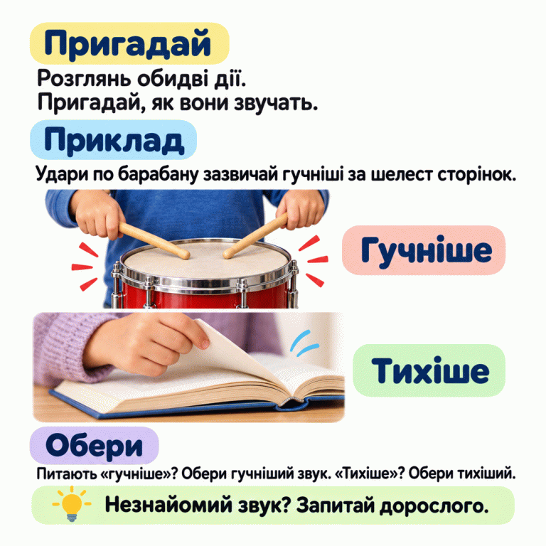 Приклад: удари по барабану зазвичай гучніші за шелест сторінок. Біля барабана написано «Гучніше», біля книжки — «Тихіше». Пригадай звуки обох дій і обери гучніший або тихіший — як питають у завданні. Незнайомий звук? Запитай дорослого. Пригадай: Розглянь обидві дії. Пригадай, як вони звучать. Приклад: Удари по барабану зазвичай гучніші за шелест сторінок. Обери: Питають «гучніше»? Обери гучніший звук. «Тихіше»? Обери тихіший. Незнайомий звук? Запитай дорослого. Гучніше Тихіше