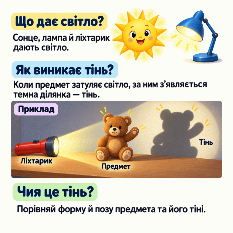Сонце, лампа й ліхтарик дають світло. У навчальному прикладі ліхтарик світить на ведмедика з піднятою лапкою. Ведмедик затуляє світло, і на стіні видно його темну тінь. За вушками та піднятою лапкою можна впізнати, чия це тінь. Що дає світло?: Сонце, лампа й ліхтарик дають світло. Як виникає тінь?: Коли предмет затуляє світло, за ним з’являється темна ділянка — тінь. Чия це тінь?: Порівняй форму й позу предмета та його тіні. Приклад Ліхтарик Предмет Тінь