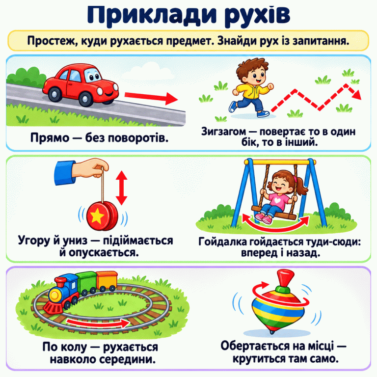 Приклади різних рухів. Машинка їде прямою доріжкою без поворотів. Дитина рухається зигзагом, почергово повертаючи в різні боки. Йо-йо підіймається й опускається. Дитина на гойдалці гойдається вперед і назад, туди-сюди. Поїзд їде круглою колією навколо її середини. Дзиґа обертається навколо власної осі й залишається на місці. Стрілки та сліди показують шляхи й напрямки руху. Потрібно простежити рух і знайти той, про який запитують. Приклади рухів Прямо — без поворотів.: Зигзагом — повертає то в один бік, то в інший. Угору й униз — підіймається й опускається.: Гойдалка гойдається туди-сюди: вперед і назад. По колу — рухається навколо середини.: Обертається на місці — крутиться там само. Простеж, куди рухається предмет. Знайди рух із запитання.