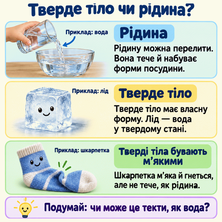Картка пояснює різницю між рідиною та твердим тілом. Вода переливається зі склянки в миску й набуває форми посудини. Шматочок льоду має власну форму: це вода у твердому стані. М’яка шкарпетка гнеться, але не тече, як рідина, і є твердим тілом. Тверде тіло чи рідина? Рідина: Рідину можна перелити. Вона тече й набуває форми посудини. Тверде тіло: Тверде тіло має власну форму. Лід — вода у твердому стані. Тверді тіла бувають м’якими: Шкарпетка м’яка й гнеться, але не тече, як рідина. Подумай: чи може це текти, як вода? Приклад: вода Приклад: лід Приклад: шкарпетка