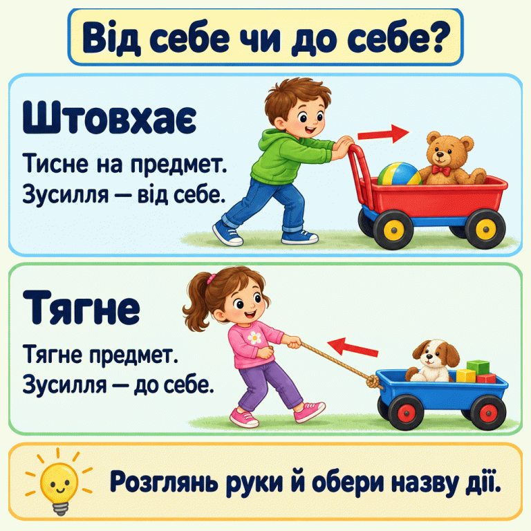 Дитина тисне руками на візок. Стрілка показує зусилля від неї — це штовхання. В іншому прикладі дитина тримає натягнуту мотузку візка. Стрілка показує зусилля до неї — це тягнення. Розглянь руки й обери назву дії. Від себе чи до себе? Штовхає: Тисне на предмет. Зусилля — від себе. Тягне: Тягне предмет. Зусилля — до себе. Розглянь руки й обери назву дії.