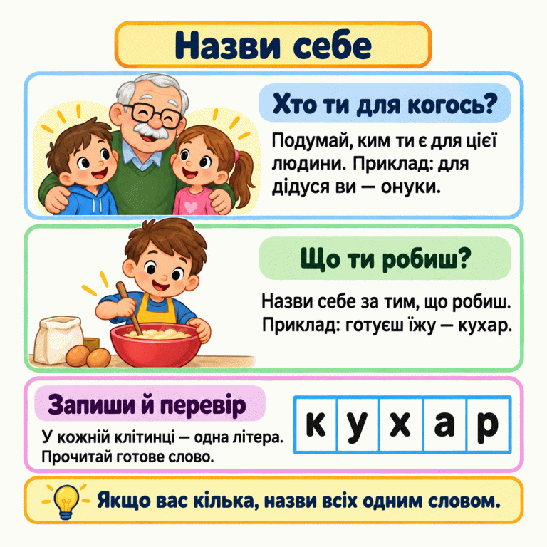Картка «Назви себе» пояснює, як добрати назву за ситуацією. Перший навчальний приклад: для дідуся двоє дітей — онуки. Другий: коли готуєш їжу, ти — кухар. Нижче слово «кухар» записане по одній літері в п’яти клітинках: к, у, х, а, р. Поради: визнач, ким ти є для іншої людини або що робиш, врахуй, чи вас кілька, і прочитай записане слово. Назви себе Хто ти для когось?: Подумай, ким ти є для цієї людини. Приклад: для дідуся ви — онуки. Що ти робиш?: Назви себе за тим, що робиш. Приклад: готуєш їжу — кухар. Запиши й перевір: У кожній клітинці — одна літера. Прочитай готове слово. Якщо вас кілька, назви всіх одним словом. к у х а р