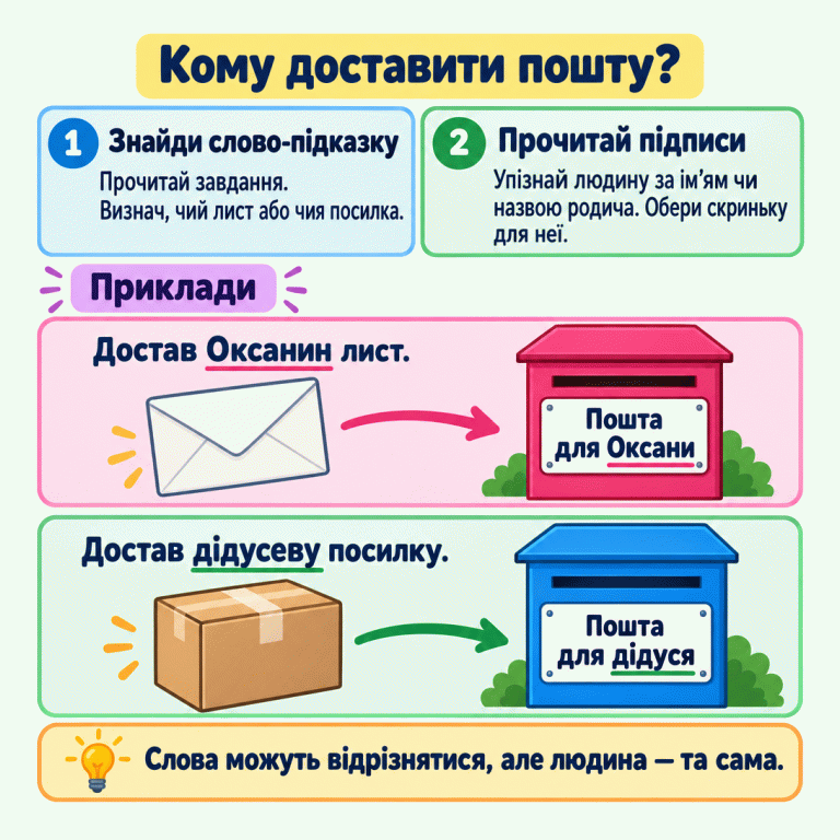 Картка пояснює: знайди в завданні слово, що підказує, чий лист або чия посилка, і прочитай підписи на скриньках. Навчальні приклади: Оксанин лист поєднано зі скринькою «Пошта для Оксани», а дідусеву посилку — зі скринькою «Пошта для дідуся». Слова можуть відрізнятися, але в кожній парі йдеться про ту саму людину. Кому доставити пошту? Знайди слово-підказку: Прочитай завдання. Визнач, чий лист або чия посилка. Прочитай підписи: Упізнай людину за ім’ям чи назвою родича. Обери скриньку для неї. Слова можуть відрізнятися, але людина — та сама. Приклади Достав Оксанин лист. Пошта для Оксани Достав дідусеву посилку. Пошта для дідуся 1 2