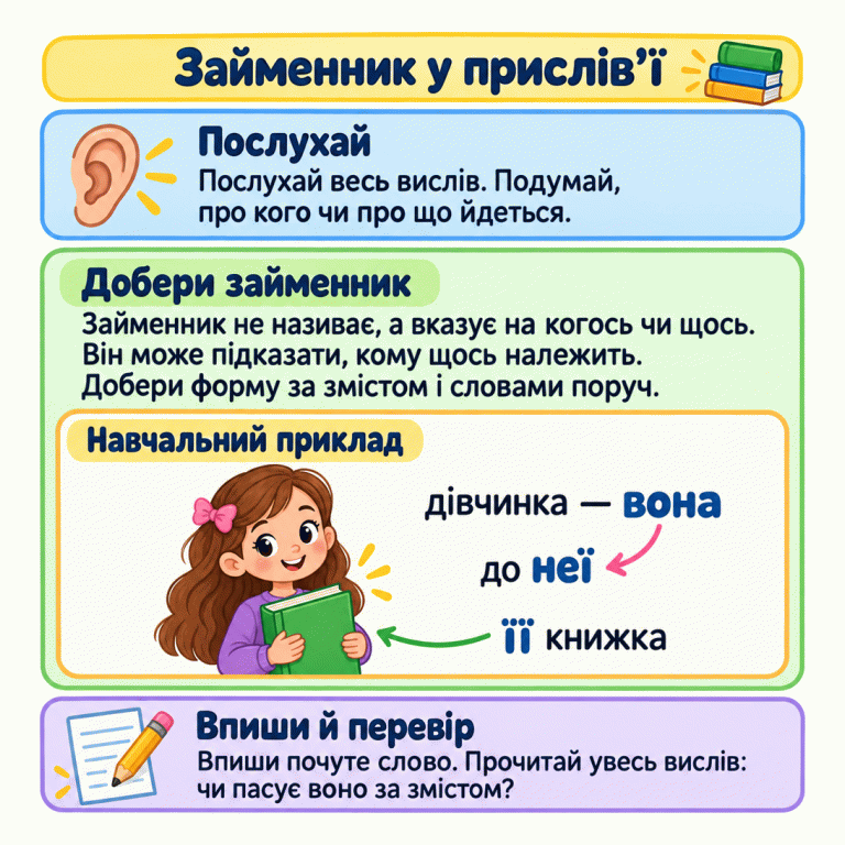 Послухай вислів, добери займенник за змістом і словами поруч, впиши почуте слово та перевір. У навчальному прикладі дівчинка тримає книжку. Написи «дівчинка — вона» й «до неї» стосуються цієї дівчинки та показують зміну форми займенника. Напис «її книжка» показує, кому належить книжка. Займенник у прислів’ї Послухай: Послухай весь вислів. Подумай, про кого чи про що йдеться. Добери займенник: Займенник не називає, а вказує на когось чи щось. Він може підказати, кому щось належить. Добери форму за змістом і словами поруч. Впиши й перевір: Впиши почуте слово. Прочитай увесь вислів: чи пасує воно за змістом? Навчальний приклад дівчинка — вона до неї її книжка