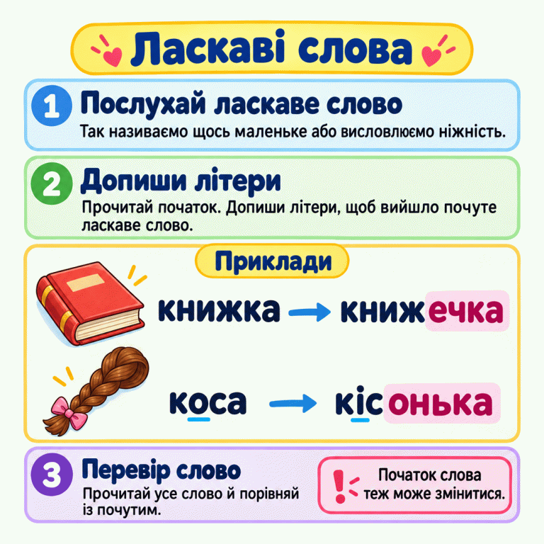 Послухай ласкаве слово, прочитай поданий початок, допиши відсутні літери й перечитай. Показано два приклади: «книжка — книжечка» та «коса — кісонька». Після «книж» дописано «ечка», після «кіс» — «онька». У другій парі літера «о» змінилася на «і», тому початок ласкавого слова теж може бути іншим. Ласкаві слова Послухай ласкаве слово: Так називаємо щось маленьке або висловлюємо ніжність. Допиши літери: Прочитай початок. Допиши літери, щоб вийшло почуте ласкаве слово. Перевір слово: Прочитай усе слово й порівняй із почутим. Початок слова теж може змінитися. Приклади книжка книж ечка коса кіс онька 1 2 3 !