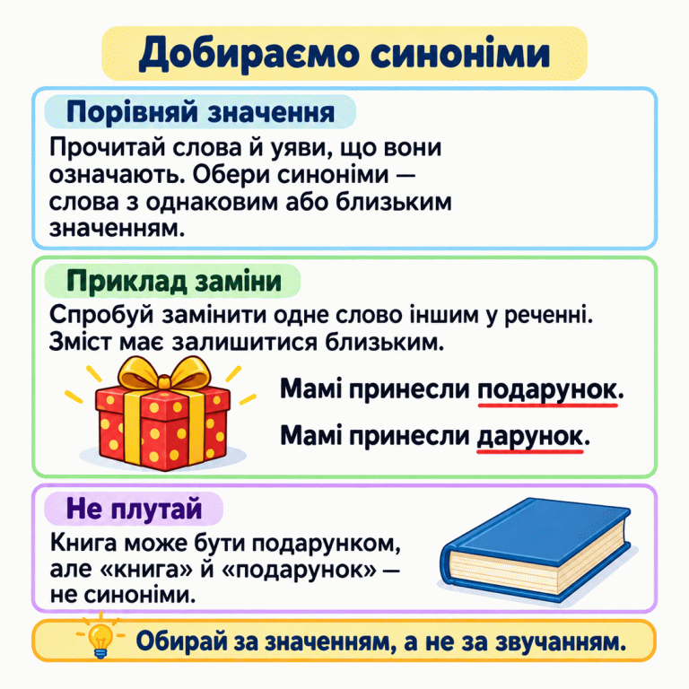 Пам’ятка про добір синонімів. Поруч із подарунком наведено речення «Мамі принесли подарунок.» і «Мамі принесли дарунок.»: заміна слова зберігає зміст. Книга ілюструє застереження: її можна подарувати, але слова «книга» й «подарунок» не є синонімами. Обирати потрібно за значенням, а не за звучанням. Добираємо синоніми Порівняй значення: Прочитай слова й уяви, що вони означають. Обери синоніми — слова з однаковим або близьким значенням. Приклад заміни: Спробуй замінити одне слово іншим у реченні. Зміст має залишитися близьким. Не плутай: Книга може бути подарунком, але «книга» й «подарунок» — не синоніми. Обирай за значенням, а не за звучанням. Мамі принесли подарунок. Мамі принесли дарунок.