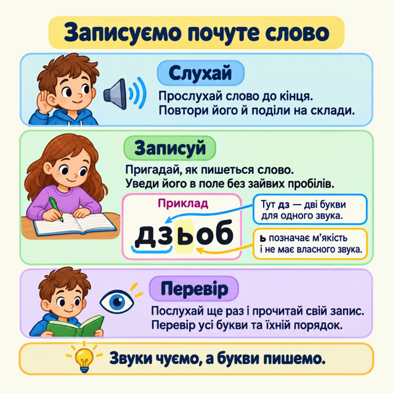 Три кроки запису під диктовку: послухати слово, повторити й поділити на склади; пригадати написання та ввести слово без зайвих пробілів; послухати знову й перевірити всі букви та їхній порядок. Навчальний приклад — «дзьоб»: дз передає один звук двома буквами, а ь позначає м’якість і не має власного звука. Записуємо почуте слово Слухай: Прослухай слово до кінця. Повтори його й поділи на склади. Записуй: Пригадай, як пишеться слово. Уведи його в поле без зайвих пробілів. Перевір: Послухай ще раз і прочитай свій запис. Перевір усі букви та їхній порядок. Звуки чуємо, а букви пишемо. Приклад дзьоб Тут дз — дві букви для одного звука. ь позначає м’якість і не має власного звука.