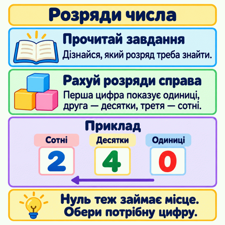 Навчальний приклад числа 240: 2 — цифра сотень, 4 — цифра десятків, 0 — цифра одиниць. Розряди рахують справа: одиниці, десятки, сотні. Нуль теж займає місце. Треба обрати цифру розряду, названого в завданні. Розряди числа Прочитай завдання: Дізнайся, який розряд треба знайти. Рахуй розряди справа: Перша цифра показує одиниці, друга — десятки, третя — сотні. Нуль теж займає місце. Обери потрібну цифру. Приклад Сотні Десятки Одиниці 2 4