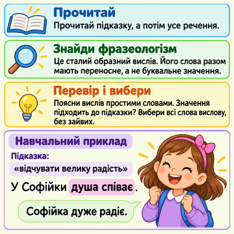 Картка пояснює: прочитай підказку й усе речення, знайди сталий образний вислів, поясни його простими словами та вибери всі його слова. У навчальному прикладі підказці «відчувати велику радість» відповідає вислів «душа співає» в реченні «У Софійки душа співає.». Виділено обидва слова вислову. Радісна школярка й пояснення «Софійка дуже радіє.» показують його переносне значення. Прочитай: Прочитай підказку, а потім усе речення. Знайди фразеологізм: Це сталий образний вислів. Його слова разом мають переносне, а не буквальне значення. Перевір і вибери: Поясни вислів простими словами. Значення підходить до підказки? Вибери всі слова вислову, без зайвих. Навчальний приклад Підказка: «відчувати велику радість» У Софійки душа співає. Софійка дуже радіє.