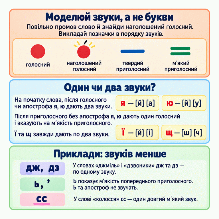 Пам’ятка для побудови звукової моделі слова. Кружечок позначає голосний, кружечок із наголосом — наголошений голосний, риска — твердий приголосний, дві риски — м’який. Я та ю на початку слова, після голосного або апострофа дають два звуки; після приголосного без апострофа — один голосний і м’якість приголосного. Ї передає [й] [і], щ — [ш] [ч]. У словах «джміль» і «дзвоники» дж та дз позначають по одному звуку. М’який знак та апостроф не звучать. Сс у слові «колосся» передають один довгий м’який звук. Позначки викладають у порядку вимови. Моделюй звуки, а не букви: Повільно промов слово й знайди наголошений голосний. Викладай позначки в порядку звуків. Один чи два звуки?: На початку слова, після голосного чи апострофа я, ю дають два звуки.
Після приголосного без апострофа я, ю дають один голосний і вказують на м’якість приголосного.
Ї та щ завжди дають по два звуки. Приклади: звуків менше: У словах «джміль» і «дзвоники» дж та дз — по одному звуку.
Ь показує м’якість попереднього приголосного. Ь та апостроф не звучать.
У слові «колосся» сс — один довгий м’який звук. голосний наголошений голосний твердий приголосний м’який приголосний я — [й] [а] ю — [й] [у] ї — [й] [і] щ — [ш] [ч] дж, дз ь, ’ сс