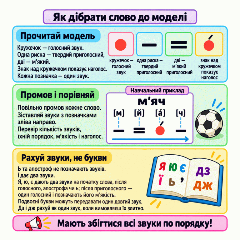 Картка пояснює звукову модель: кружечок позначає голосний, одна риска — твердий приголосний, дві — м’який, знак над кружечком — наголос. У навчальному прикладі м'яч чотири звуки: м, й, наголошений а, ч. Під ними відповідно одна риска, дві риски, наголошений кружечок і одна риска. Пам’ятка радить порівнювати звуки по порядку та не плутати їх із буквами. Як дібрати слово до моделі Прочитай модель: Кружечок — голосний звук. Одна риска — твердий приголосний, дві — м’який. Знак над кружечком показує наголос. Кожна позначка — один звук. Промов і порівняй: Повільно промов кожне слово. Зіставляй звуки з позначками зліва направо. Перевір кількість звуків, їхній порядок, м’якість і наголос. Рахуй звуки, не букви: Ь та апостроф не позначають звуків. Ї дає два звуки. Я, ю, є дають два звуки на початку слова, після голосного, апострофа чи ь; після приголосного — один голосний і позначають його м’якість. Подвоєні букви можуть передавати один довгий звук. Дз і дж рахуй як один звук, коли вимовляєш їх злитно. Мають збігтися всі звуки по порядку! ● — = ●́ Навчальний приклад м'яч [м] [й] [а́] [ч] кружечок — голосний звук одна риска — твердий приголосний дві — м’який приголосний знак над кружечком показує наголос я ю є ї ь ’ дз дж