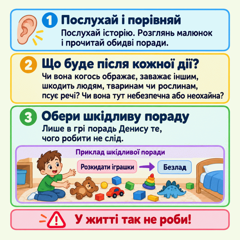 Три підказки: послухай історію й порівняй обидві поради; подумай, чи дія ображає, заважає, шкодить людям, тваринам, рослинам або речам, є небезпечною чи неохайною; лише в грі обери шкідливу пораду Денису. Навчальний приклад: дитина розкидала іграшки, і виник безлад. У житті так не роби. Послухай і порівняй: Послухай історію. Розглянь малюнок і прочитай обидві поради. Що буде після кожної дії?: Чи вона когось ображає, заважає іншим, шкодить людям, тваринам чи рослинам, псує речі? Чи вона тут небезпечна або неохайна? Обери шкідливу пораду: Лише в грі порадь Денису те, чого робити не слід. У житті так не роби! Приклад шкідливої поради Розкидати іграшки Безлад 1 2 3 !