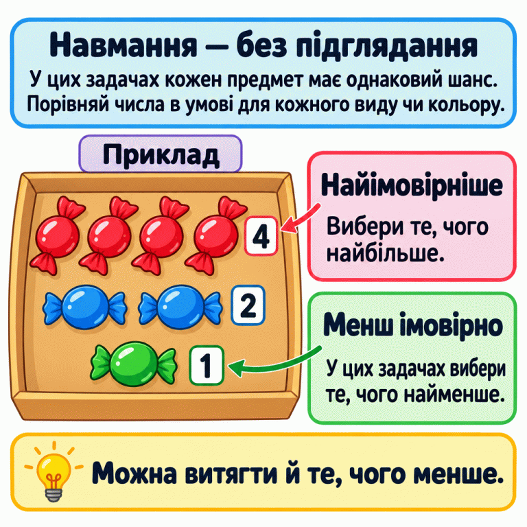 Картка пояснює вибір навмання без підглядання за однакового шансу для кожного предмета. Треба порівняти числа в умові. У навчальному прикладі в одній коробці чотири цукерки одного кольору, дві іншого й одна третього. Найімовірніше вибрати цукерку з найбільшої групи; для запиту «менш імовірно» в цих задачах шукають найменшу групу. Можна витягти й те, чого менше. Навмання — без підглядання: У цих задачах кожен предмет має однаковий шанс. Порівняй числа в умові для кожного виду чи кольору. Найімовірніше: Вибери те, чого найбільше. Менш імовірно: У цих задачах вибери те, чого найменше. Можна витягти й те, чого менше. Приклад 4 2 1