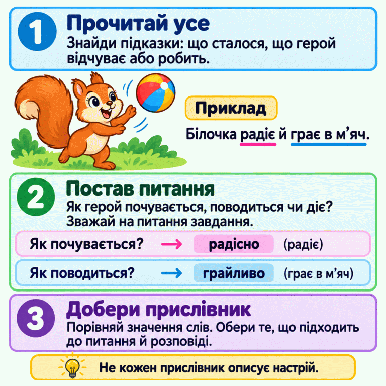Картка пояснює, як прочитати розповідь, знайти підказки, врахувати питання й добрати прислівник за змістом. У позначеному прикладі білочка радіє й грає в м’яч: «радісно» описує її почуття, «грайливо» — поведінку. Не кожен прислівник описує настрій. Прочитай усе: Знайди підказки: що сталося, що герой відчуває або робить. Постав питання: Як герой почувається, поводиться чи діє? Зважай на питання завдання. Добери прислівник: Порівняй значення слів. Обери те, що підходить до питання й розповіді. Не кожен прислівник описує настрій. Приклад Білочка радіє й грає в м’яч. Як почувається? радісно Як поводиться? грайливо 1 2 (радіє) (грає в м’яч) 3