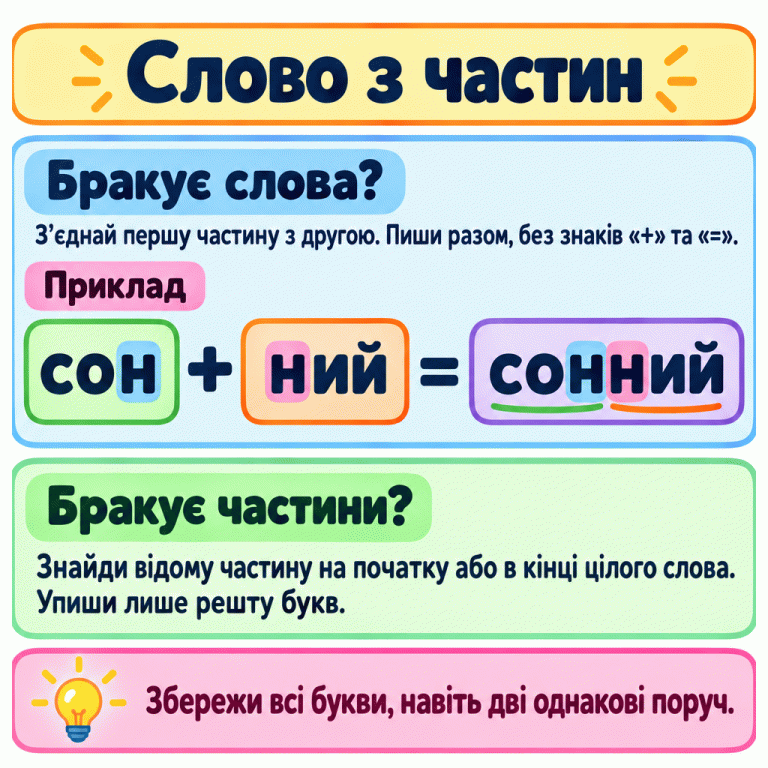 Навчальний приклад: сон + ний = сонний. У цілому слові позначено початок «сон» і кінець «ний»; обидві букви «н» на стику збережені. Якщо бракує слова, поєднай частини по порядку. Якщо бракує частини, знайди відому частину в цілому слові та впиши лише решту букв. Пиши разом, без знаків схеми. Слово з частин Бракує слова?: З’єднай першу частину з другою. Пиши разом, без знаків «+» та «=». Бракує частини?: Знайди відому частину на початку або в кінці цілого слова. Упиши лише решту букв. Збережи всі букви, навіть дві однакові поруч. Приклад сон + ний = сонний