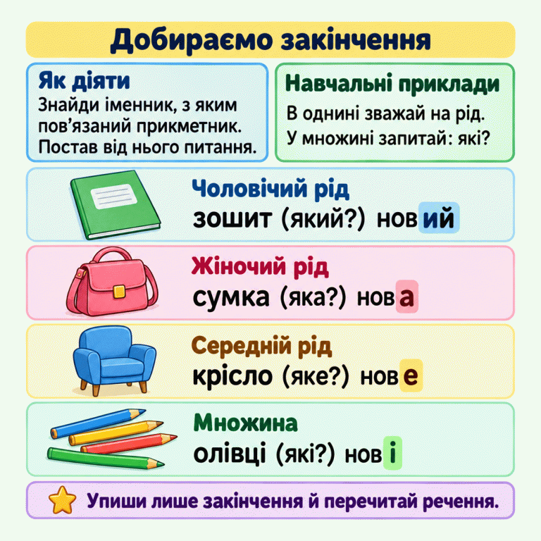 Навчальна картка про закінчення прикметника. Знайди іменник, з яким пов’язаний прикметник, і постав від нього питання. Приклади: зошит (який?) новий — чоловічий рід; сумка (яка?) нова — жіночий рід; крісло (яке?) нове — середній рід; олівці (які?) нові — множина. Показано по одному предмету в однині та кілька олівців у множині. У прикметниках виділено закінчення ий, а, е, і. Упиши лише закінчення й перечитай речення. Добираємо закінчення Як діяти: Знайди іменник, з яким пов’язаний прикметник. Постав від нього питання. Навчальні приклади: В однині зважай на рід. У множині запитай: які? Упиши лише закінчення й перечитай речення. Чоловічий рід зошит (який?) новий Жіночий рід сумка (яка?) нова Середній рід крісло (яке?) нове Множина олівці (які?) нові
