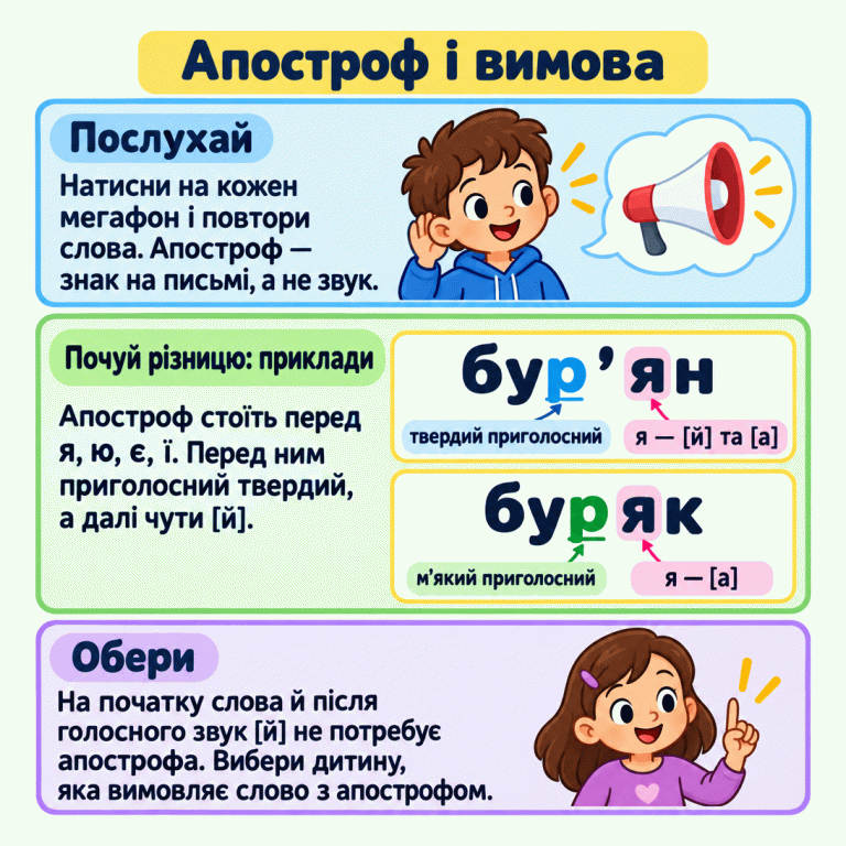 Пояснення, як слухати слова й вибирати дитину, яка вимовляє слово з апострофом. Апостроф — знак на письмі, а не звук. Він стоїть перед я, ю, є, ї та показує тверду вимову попереднього приголосного з наступним [й]. У навчальному прикладі бур’ян р твердий, а я позначає [й] та [а]. У буряк р м’який, а я позначає [а], без окремого [й]. Звук [й] на початку слова або після голосного не потребує апострофа. Апостроф і вимова Послухай: Натисни на кожен мегафон і повтори слова. Апостроф — знак на письмі, а не звук. Почуй різницю: приклади: Апостроф стоїть перед я, ю, є, ї. Перед ним приголосний твердий, а далі чути [й]. Обери: На початку слова й після голосного звук [й] не потребує апострофа. Вибери дитину, яка вимовляє слово з апострофом. бур’ян твердий приголосний я — [й] та [а] буряк м’який приголосний я — [а]