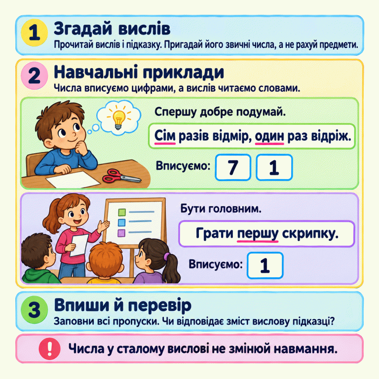 Картка вчить читати вислів і підказку, пригадувати його звичні числа та перевіряти значення, а не рахувати предмети. У навчальному прикладі «Сім разів відмір, один раз відріж» значення — спершу добре подумати; вписуємо 7 і 1. У прикладі «Грати першу скрипку» значення — бути головним; слову «першу» відповідає запис 1. Наприкінці запропоновано заповнити всі пропуски й перевірити зміст. Згадай вислів: Прочитай вислів і підказку. Пригадай його звичні числа, а не рахуй предмети. Навчальні приклади: Числа вписуємо цифрами, а вислів читаємо словами. Впиши й перевір: Заповни всі пропуски. Чи відповідає зміст вислову підказці? Числа у сталому вислові не змінюй навмання. Спершу добре подумай. Сім разів відмір, один раз відріж. Вписуємо: 7 1 Бути головним. Грати першу скрипку. 1 2 3 !