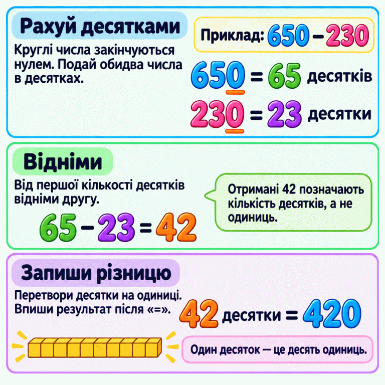 Віднімання круглих чисел через десятки. Навчальний приклад: 650 мінус 230. Перше число — це 65 десятків, друге — 23 десятки. 65 мінус 23 дорівнює 42, отже залишаються 42 десятки, тобто 420. Смужка з десяти одиничних частин нагадує, що один десяток — це десять одиниць. Рахуй десятками: Круглі числа закінчуються нулем. Подай обидва числа в десятках. Відніми: Від першої кількості десятків відніми другу. Запиши різницю: Перетвори десятки на одиниці. Впиши результат після «=». Один десяток — це десять одиниць. Приклад: 650 − 230 650 = 65 десятків 230 = 23 десятки 65 − 23 = 42 42 десятки = 420 Отримані 42 позначають кількість десятків, а не одиниць.