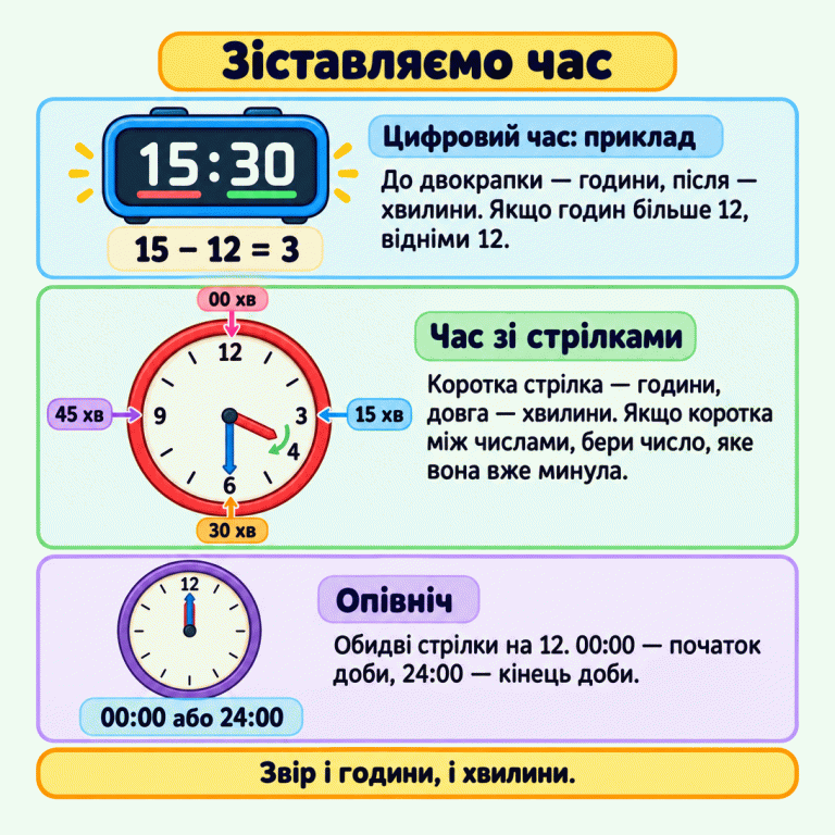 Навчальний приклад: цифровий годинник показує 15:30. Обчислення 15 − 12 = 3 допомагає знайти годину на циферблаті. Коротка стрілка стоїть між 3 і 4, довга — на 6. Хвилинні підписи пояснюють: на 12 — 00 хвилин, на 3 — 15, на 6 — 30, на 9 — 45. Окремий годинник показує опівніч: обидві стрілки на 12. 00:00 — початок доби, 24:00 — її кінець. Під час вибору годинника звір і години, і хвилини. Зіставляємо час Цифровий час: приклад: До двокрапки — години, після — хвилини. Якщо годин більше 12, відніми 12. Час зі стрілками: Коротка стрілка — години, довга — хвилини. Якщо коротка між числами, бери число, яке вона вже минула. Опівніч: Обидві стрілки на 12. 00:00 — початок доби, 24:00 — кінець доби. Звір і години, і хвилини. 15:30 15 − 12 = 3 12 3 4 6 9 00 хв 15 хв 30 хв 45 хв 00:00 або 24:00