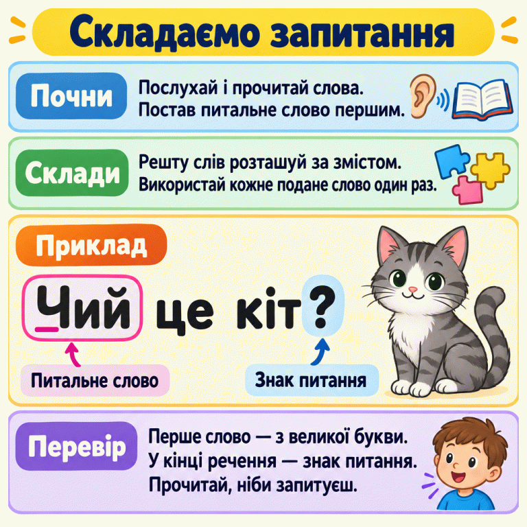 Картка пояснює, як скласти запитання: послухати й прочитати слова, поставити питальне слово першим, упорядкувати решту за змістом і використати кожне слово один раз. У позначеному прикладі «Чий це кіт?» виділено питальне слово, велику початкову букву та кінцевий знак питання; поруч зображено кота. Наприкінці запропоновано перевірити речення й прочитати його, ніби запитуєш. Складаємо запитання Почни: Послухай і прочитай слова. Постав питальне слово першим. Склади: Решту слів розташуй за змістом. Використай кожне подане слово один раз. Перевір: Перше слово — з великої букви. У кінці речення — знак питання. Прочитай, ніби запитуєш. Приклад Чий це кіт ? Питальне слово Знак питання