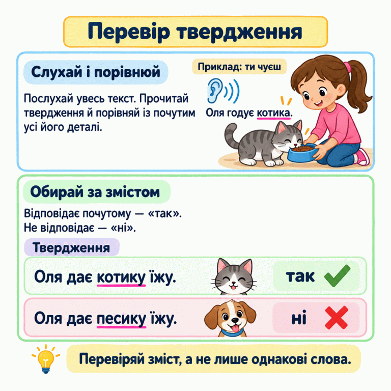Картка пояснює: послухай увесь текст, прочитай твердження й порівняй його деталі з почутим. У навчальному прикладі Оля годує котика. Твердження «Оля дає котику їжу.» має відповідь «так», хоча сформульоване іншими словами. Твердження «Оля дає песику їжу.» має відповідь «ні», бо змінено тварину. Перевіряй зміст, а не лише однакові слова. Перевір твердження Слухай і порівнюй: Послухай увесь текст. Прочитай твердження й порівняй із почутим усі його деталі. Обирай за змістом: Відповідає почутому — «так». Не відповідає — «ні». Перевіряй зміст, а не лише однакові слова. Приклад: ти чуєш Оля годує котика. Твердження Оля дає котику їжу. так Оля дає песику їжу. ні