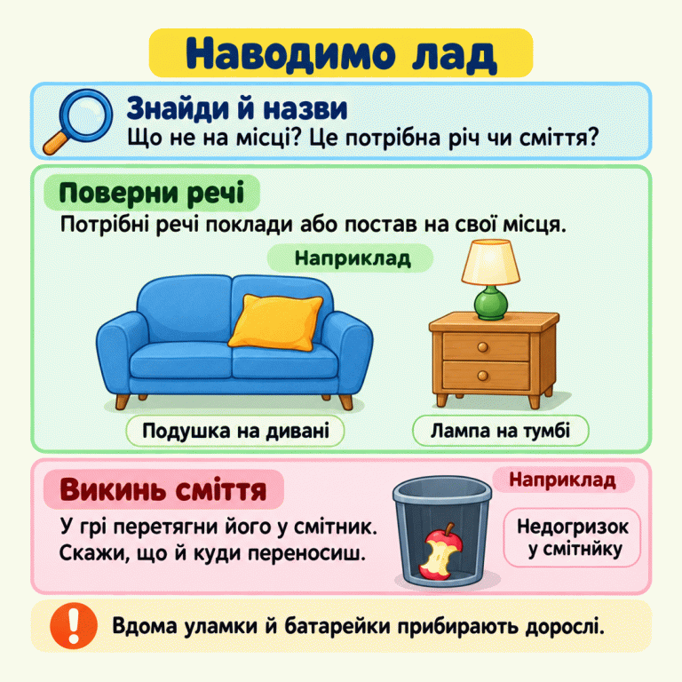 Пам’ятка з прибирання: знайди й назви предмет, поверни потрібну річ на місце, а сміття в грі перенеси у смітник. Навчальні приклади: подушка лежить на дивані, лампа стоїть на тумбі, недогризок яблука міститься всередині смітника. Скажи, що й куди переносиш. Вдома уламки й батарейки прибирають дорослі. Наводимо лад Знайди й назви: Що не на місці? Це потрібна річ чи сміття? Поверни речі: Потрібні речі поклади або постав на свої місця. Викинь сміття: У грі перетягни його у смітник. Скажи, що й куди переносиш. Вдома уламки й батарейки прибирають дорослі. Наприклад Подушка на дивані Лампа на тумбі Недогризок у смітнику !