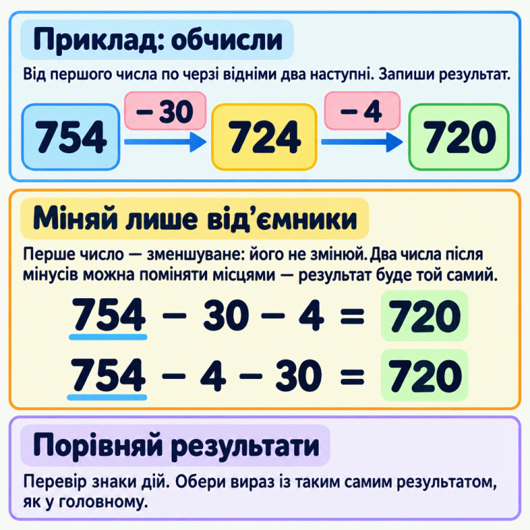 Навчальний приклад: від 754 віднімаємо 30 й отримуємо 724, потім віднімаємо 4 й отримуємо 720. Нижче показано два вирази: 754 − 30 − 4 = 720 і 754 − 4 − 30 = 720. Перше число не змінюється, два від’ємники міняються місцями, а результат залишається однаковим. Обчислений результат потрібно записати. Щоб обрати рівний вираз, перевіряємо знаки дій і порівнюємо результати. Приклад: обчисли: Від першого числа по черзі відніми два наступні. Запиши результат. Міняй лише від’ємники: Перше число — зменшуване: його не змінюй. Два числа після мінусів можна поміняти місцями — результат буде той самий. Порівняй результати: Перевір знаки дій. Обери вираз із таким самим результатом, як у головному. 754 724 720 30 4 − =