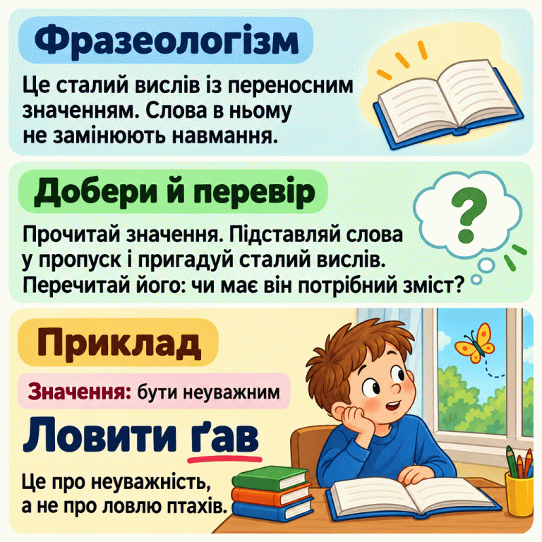 Фразеологізм — сталий вислів із переносним значенням. Прочитай значення, підставляй слова у пропуск і перевір зміст усієї фрази. Навчальний приклад: «Ловити ґав» означає бути неуважним. Слово «ґав» підкреслено. Школяр відволікся від книжки на метелика. Цей вислів не про буквальне ловіння птахів. Фразеологізм: Це сталий вислів із переносним значенням. Слова в ньому не замінюють навмання. Добери й перевір: Прочитай значення. Підставляй слова у пропуск і пригадуй сталий вислів. Перечитай його: чи має він потрібний зміст? Приклад: Це про неуважність, а не про ловлю птахів. Значення: бути неуважним Ловити ґав ?