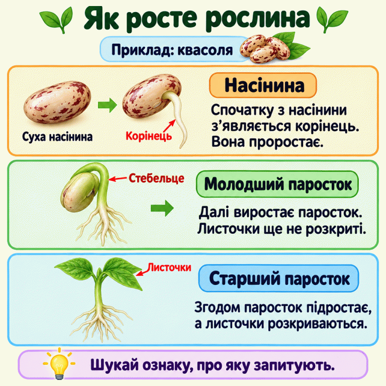 Показано, як росте квасоля: суха насінина, насінина з корінцем, молодший паросток із нерозкритими листочками та старший паросток із підрослим стебельцем і розкритими листочками. Спочатку з’являється корінець, далі виростає паросток, а згодом розкриваються листочки. У вправі треба знайти ту ознаку росту, про яку запитують. Як росте рослина Насінина: Спочатку з насінини з’являється корінець. Вона проростає. Молодший паросток: Далі виростає паросток. Листочки ще не розкриті. Старший паросток: Згодом паросток підростає, а листочки розкриваються. Шукай ознаку, про яку запитують. Приклад: квасоля Суха насінина Корінець Стебельце Листочки