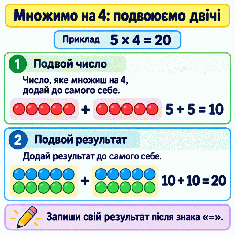 Множення на 4 пояснено як два послідовні подвоєння. Навчальний приклад: 5 × 4 = 20. Спочатку число додають до самого себе: 5 + 5 = 10; показано дві групи по п’ять кружечків. Потім подвоюють результат: 10 + 10 = 20; показано два набори по десять, кожен із двох підгруп по п’ять. Свій результат потрібно записати після знака рівності. Множимо на 4: подвоюємо двічі Подвой число: Число, яке множиш на 4, додай до самого себе. Подвой результат: Додай результат до самого себе. Запиши свій результат після знака «=». Приклад 5 × 4 = 20 5 + 5 = 10 10 + 10 = 20 1 + 2 +