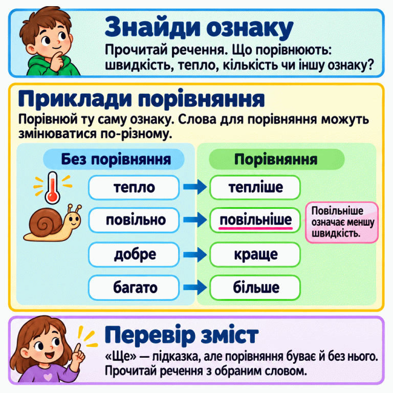 Картка пояснює, як добирати прислівник за змістом: прочитати речення, визначити порівнювану ознаку й перевірити вибране слово. Навчальні пари без порівняння та з порівнянням: тепло — тепліше; повільно — повільніше; добре — краще; багато — більше. Повільніше означає меншу швидкість. «Ще» є підказкою, але порівняння буває й без нього. Біля прикладів тепла й повільності намальовані термометр і равлик. Знайди ознаку: Прочитай речення. Що порівнюють: швидкість, тепло, кількість чи іншу ознаку? Приклади порівняння: Порівнюй ту саму ознаку. Слова для порівняння можуть змінюватися по-різному. Перевір зміст: «Ще» — підказка, але порівняння буває й без нього. Прочитай речення з обраним словом. Повільніше означає меншу швидкість. Без порівняння Порівняння тепло тепліше повільно повільніше добре краще багато більше