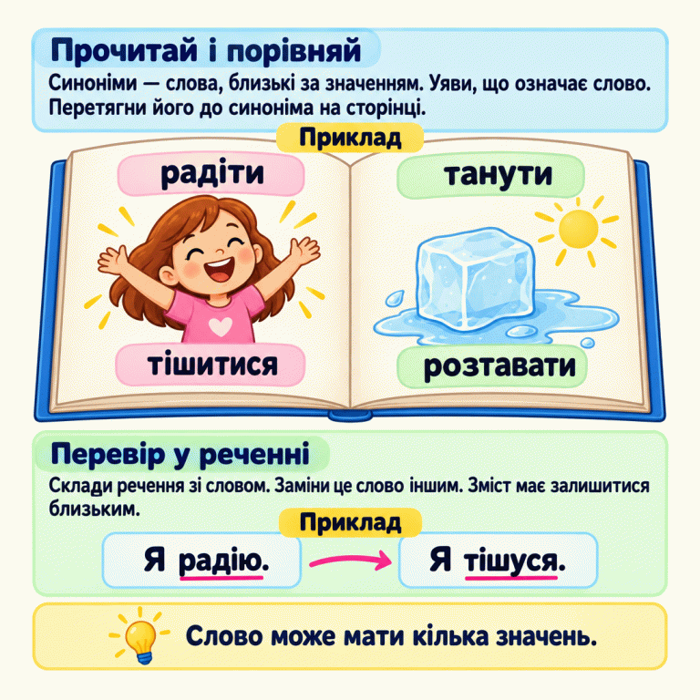 Картка пояснює добір дієслів-синонімів за значенням. У навчальній книжці «радіти» об’єднано з «тішитися», а «танути» — з «розтавати». Радісна дитина пояснює першу пару, лід із талою водою — другу. Речення «Я радію.» та «Я тішуся.» показують заміну дієслова зі збереженням близького змісту. Нагадування пояснює, що слово може мати кілька значень. Прочитай і порівняй: Синоніми — слова, близькі за значенням. Уяви, що означає слово. Перетягни його до синоніма на сторінці. Перевір у реченні: Склади речення зі словом. Заміни це слово іншим. Зміст має залишитися близьким. Слово може мати кілька значень. Приклад радіти тішитися танути розтавати Я радію. Я тішуся.