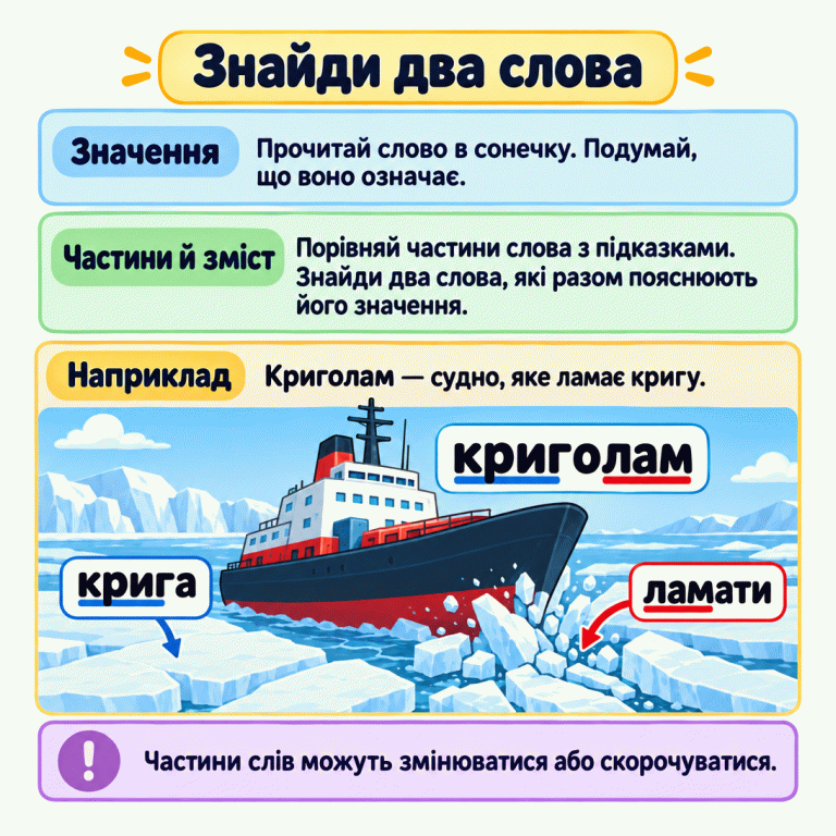 Пам’ятка радить прочитати слово в сонечку, подумати про його значення та знайти два слова-підказки, які підходять за частинами й змістом. Навчальний приклад: криголам — судно, яке ламає кригу. Показано слова «криголам», «крига» та «ламати»; підкреслено спільні частини «криг» і «лам». Нагадування: частини слів можуть змінюватися або скорочуватися. Знайди два слова Значення: Прочитай слово в сонечку. Подумай, що воно означає. Частини й зміст: Порівняй частини слова з підказками. Знайди два слова, які разом пояснюють його значення. Наприклад: Криголам — судно, яке ламає кригу. Частини слів можуть змінюватися або скорочуватися. криголам крига ламати !